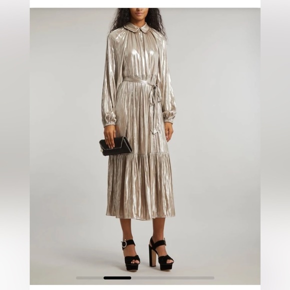 Aligne Anthropologie Champagne shiny Foil Gavid Dress gown UK10 /US 6 - Picture 1 of 10